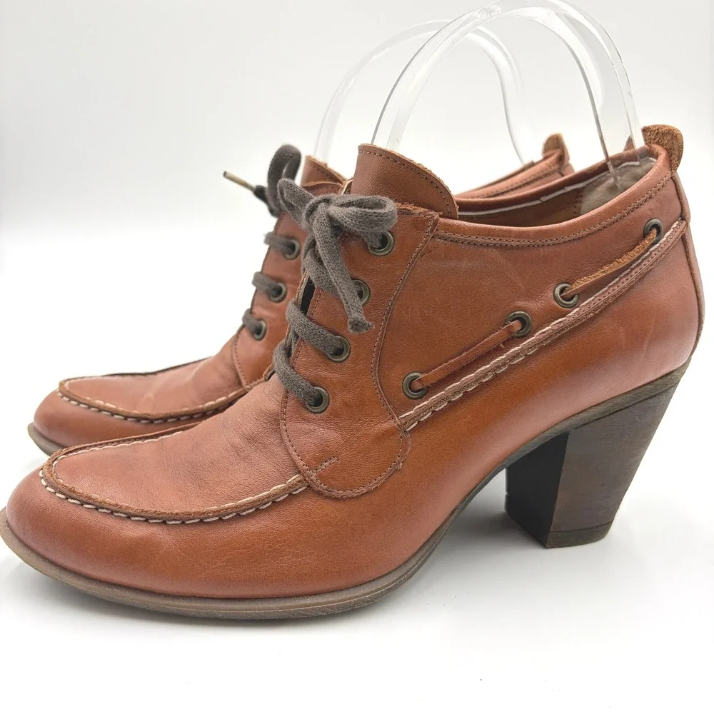 Greyder Cognac Leather Heeled Loafer Booties Size 38 7.5 Lace Up Boat Shoe Style